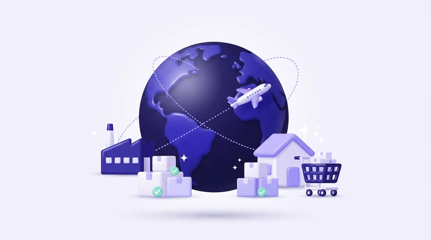 A globe with dashed flight paths linking an overseas factory to a customer's home, with parcels, a cargo plane and a shopping cart