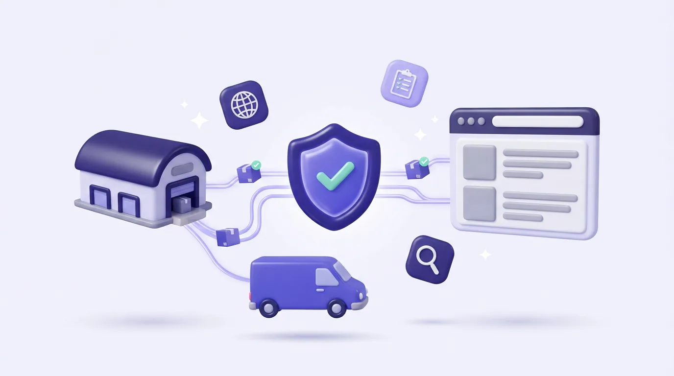 A supply chain running from a warehouse through a verified shield badge to an online store, with parcels and a delivery van