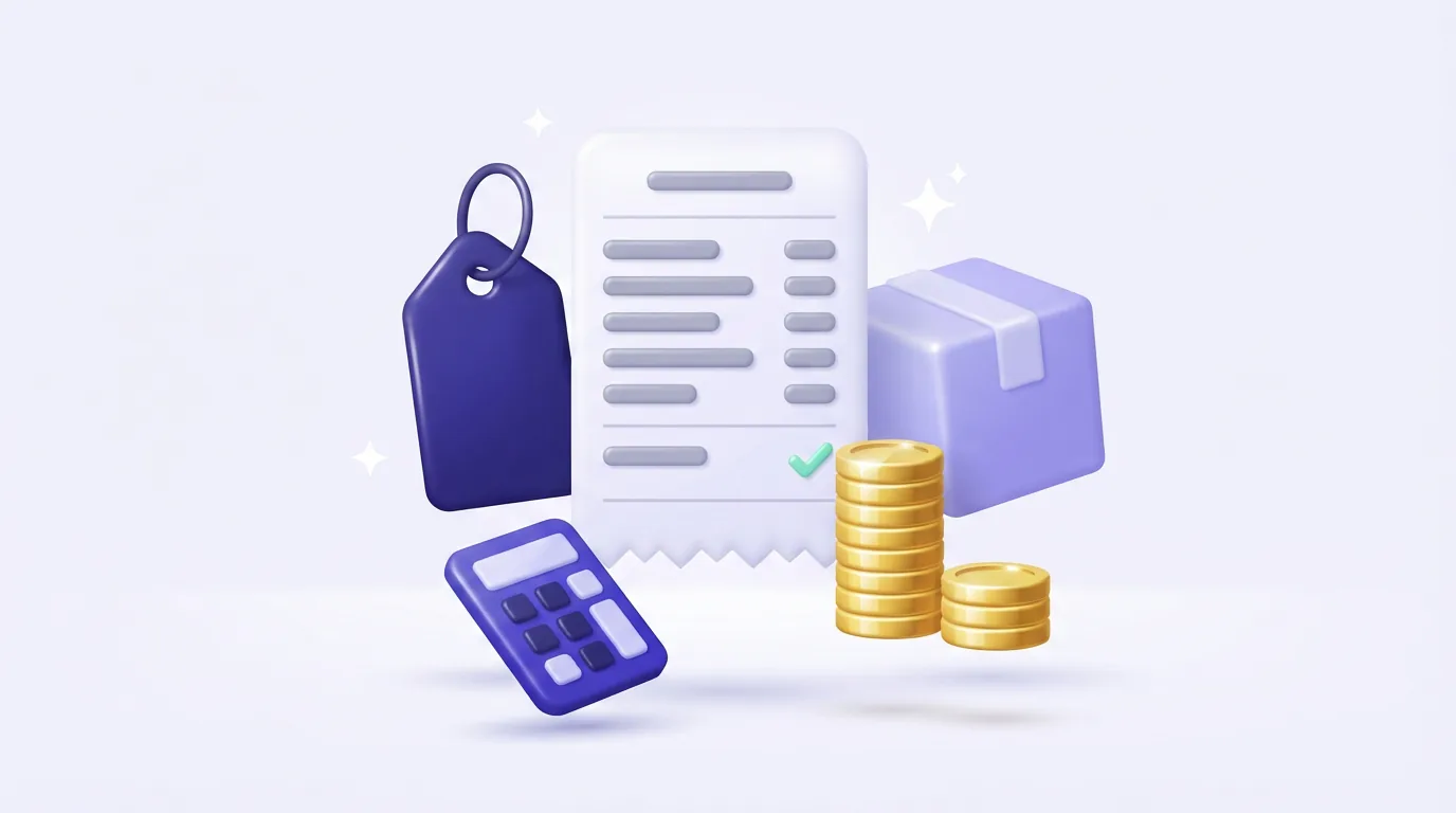 A sales receipt, price tag, shipping parcel, calculator and coin stacks showing how a marketplace sale splits into fees and profit