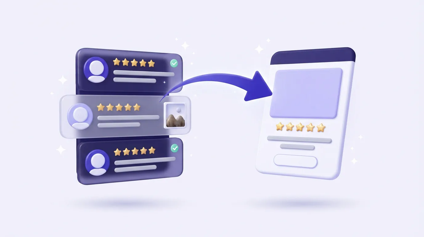 Customer review cards with star ratings flowing along an arrow into an online store product page