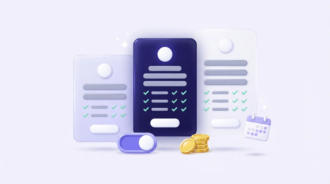Three subscription plan cards side by side with a monthly and yearly billing toggle, a calendar and a stack of coins