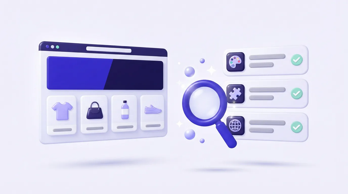 A magnifying glass inspecting an online storefront, beside report cards for its theme, apps and store details
